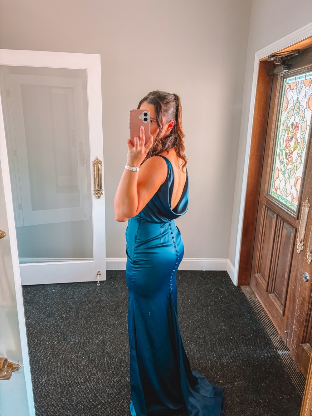 Elegant Satin Evening Gown - Deep V and Open Back